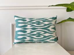 Turquoise Silk Ikat Lumbar Pillow Mint Green Sofa Cushion - 16x24 Inch - thumbnail 1