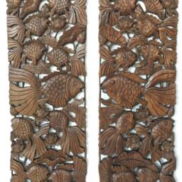 2 Pcs Fish Wood Carved Panel, Animal Carved, Natural Color Carving, Thai Teak Wall Art Hanging, Asian - thumbnail 2