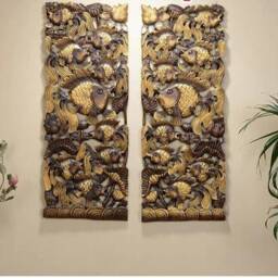 2 Pcs Fish Wood Carved Panel, Animal Carved, Natural Color Carving, Thai Teak Wall Art Hanging, Asian - thumbnail 3