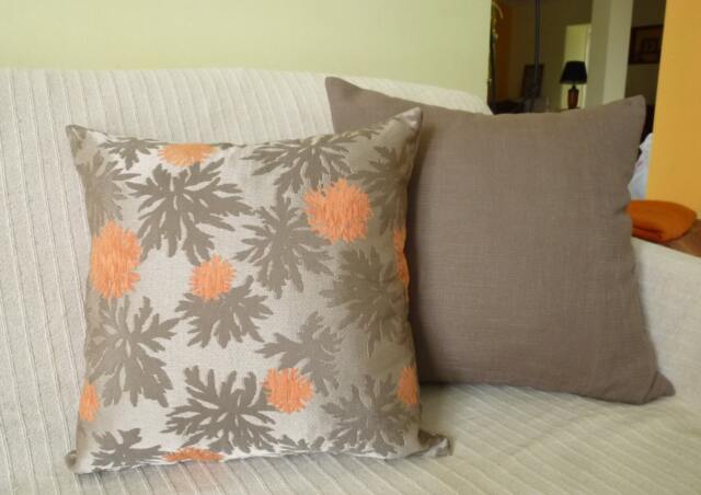 Taffeta & Chenille Fabric Decorative Throw Pillow 18x18 Inches Cushion Cover in Brown & Orange Flower Design Classic Pillows - image 1