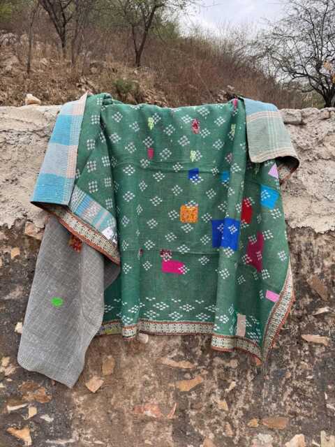 Vintage Cotton Kantha Quilt Block Print Reversible Patchwork Bedspread Handmade Blanket - image 1