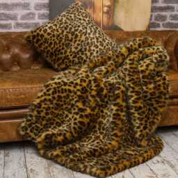 Leopard Faux Fur Throw - Animal Print Blanket With Brown Faux-Suede Lining Golden - thumbnail 2