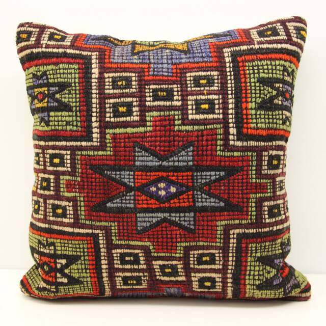 Handmade Turkish Kilim Pillow Cover, Retro Geometric Cushion - 20x20 Inch - image 1