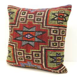 Handmade Turkish Kilim Pillow Cover, Retro Geometric Cushion - 20x20 Inch - thumbnail 3