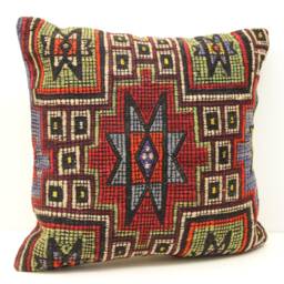 Handmade Turkish Kilim Pillow Cover, Retro Geometric Cushion - 20x20 Inch - thumbnail 2