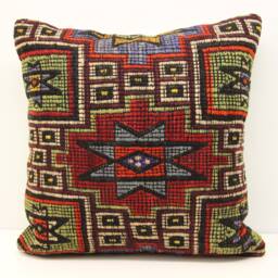 Handmade Turkish Kilim Pillow Cover, Retro Geometric Cushion - 20x20 Inch