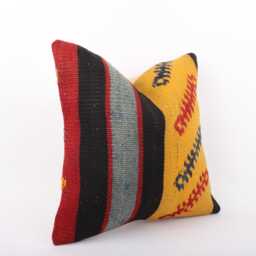 Vintage Turkish Kilim Pillow Cover Handwoven Wool Cushion - 16x16 - thumbnail 3