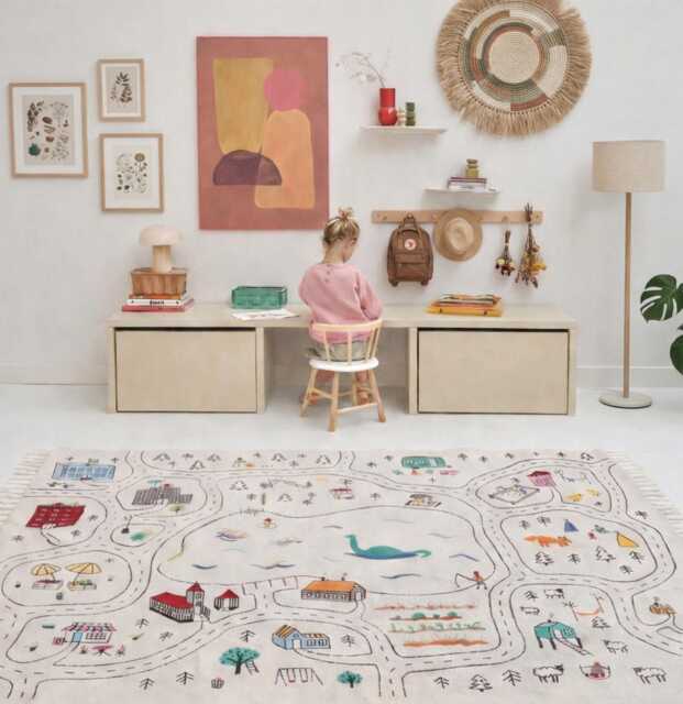 Organic Cotton Car Play Rug Handwoven City Road Map, Montessori Toy - image 1