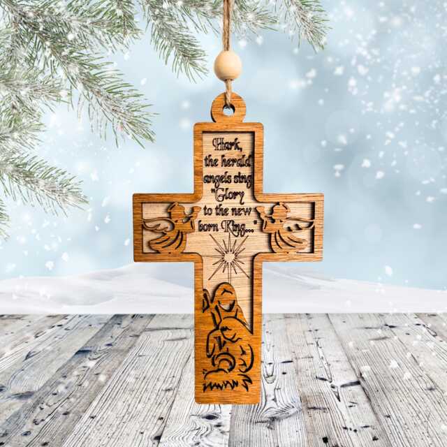 Nativity Tree Cross Ornaments Hark The Herald Angel Sing Hanging Scripture Christmas Ornament Religious Wooden Crucifix - image 1