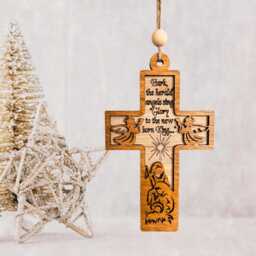 Nativity Tree Cross Ornaments Hark The Herald Angel Sing Hanging Scripture Christmas Ornament Religious Wooden Crucifix - thumbnail 3