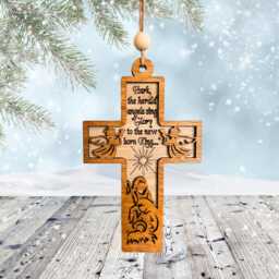Nativity Tree Cross Ornaments Hark The Herald Angel Sing Hanging Scripture Christmas Ornament Religious Wooden Crucifix - thumbnail 1