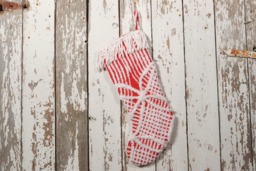 Red & White Fluffy Vintage Chenille Christmas Stocking With Matching Trim - Wedding Ring, Flower