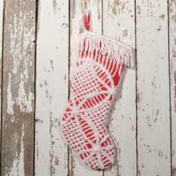 Red & White Fluffy Vintage Chenille Christmas Stocking With Matching Trim - Wedding Ring, Flower - thumbnail 3
