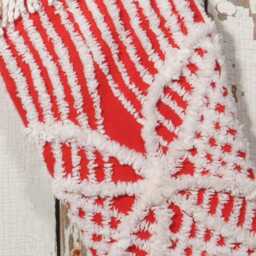 Red & White Fluffy Vintage Chenille Christmas Stocking With Matching Trim - Wedding Ring, Flower - thumbnail 2