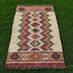 Handwoven Wool Jute Rug, Geometric Kilim Dhurrie, Multi-Colour - thumbnail 3