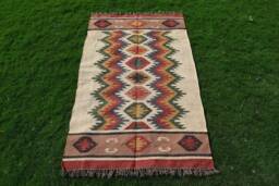 Handwoven Wool Jute Rug, Geometric Kilim Dhurrie, Multi-Colour - thumbnail 1