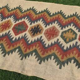 Handwoven Wool Jute Rug, Geometric Kilim Dhurrie, Multi-Colour - thumbnail 2