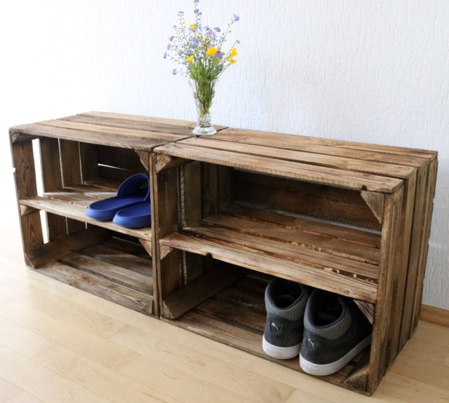 Set Of 2 Rustic Wooden Crates With Intermediate Shelf Shoe Rack Flamed Apple Wine Organizer Vintage Lowboard Wall Solid Wood - image 1