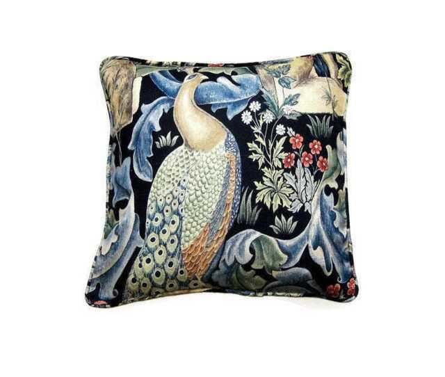 William Morris Peacock Cushion Cover Arts & Crafts Linen Pillow, 18x18 - image 1