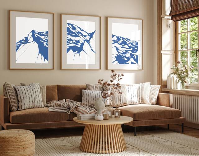 Navy Blue & White Set Of 3 Mountain Prints, Block Colour Prints, Contemporary Art, Blue Line Abstract, Neutral Abstract Gallery Wall Art - image 1