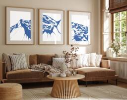 Navy Blue & White Set Of 3 Mountain Prints, Block Colour Prints, Contemporary Art, Blue Line Abstract, Neutral Abstract Gallery Wall Art - thumbnail 1