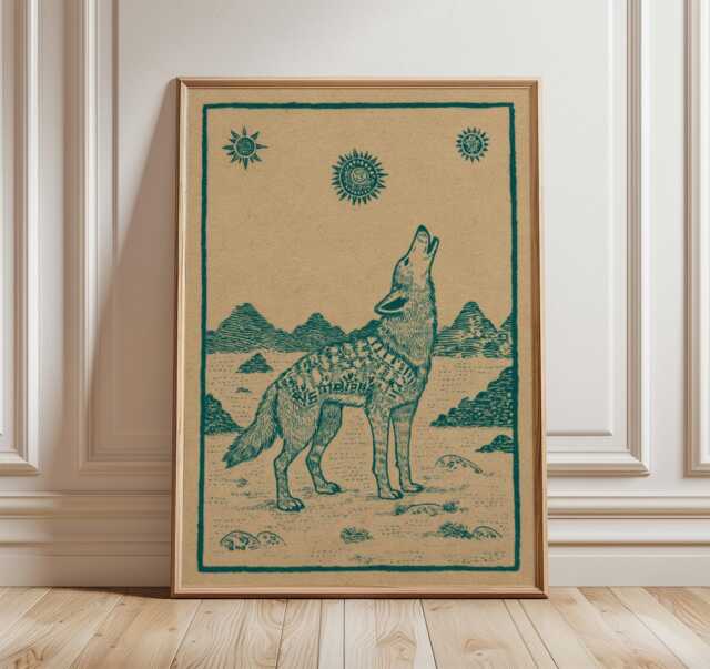 Coyote Wall Art Poster, Vintage Desert Style Howling Wolf Print, Southwestern Illustration - image 1