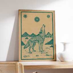 Coyote Wall Art Poster, Vintage Desert Style Howling Wolf Print, Southwestern Illustration - thumbnail 2