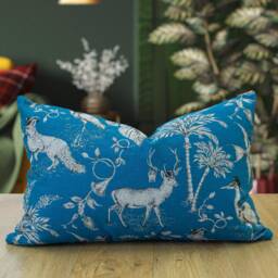 Magical Menagerie Tapestry Xl Rectangular Cushion in Denim Blue. Steampunk Fish, Deers, Meerkats A Fantasy Forest. 23X15 - thumbnail 1