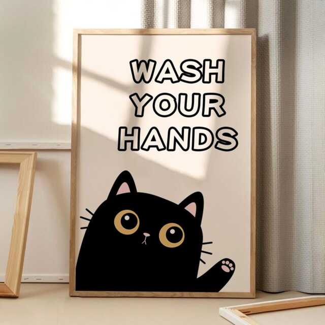 Wash Your Hand Cute Cat Art Canvas Poster, Cartoon Wall Art, Bathroom Aesthetic Decor, Retro Home Printed Gift - image 1