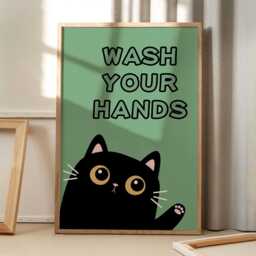 Wash Your Hand Cute Cat Art Canvas Poster, Cartoon Wall Art, Bathroom Aesthetic Decor, Retro Home Printed Gift - thumbnail 3