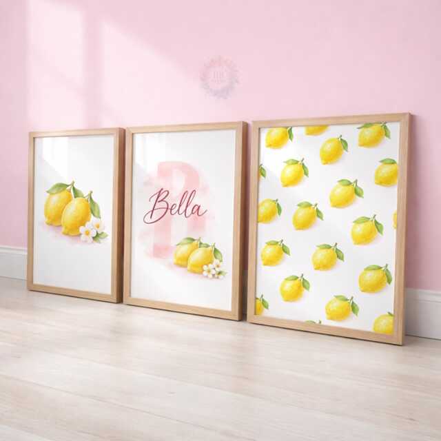 Personalised Lemon Print Set - 3 Girls Bedroom Prints - Name Wall Art - image 1