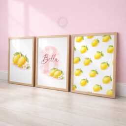 Personalised Lemon Print Set - 3 Girls Bedroom Prints - Name Wall Art - thumbnail 1