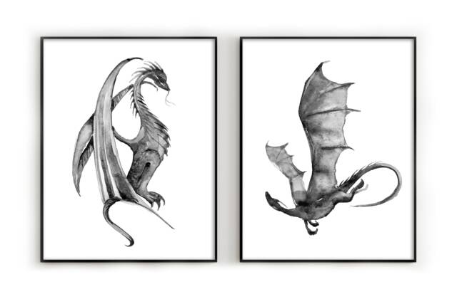 Dragons Watercolour Prints, Dragon Prints Black, Wall Art, Art Poster, Artwork, Illustration, Gift - image 1
