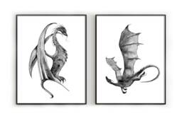 Dragons Watercolour Prints, Dragon Prints Black, Wall Art, Art Poster, Artwork, Illustration, Gift - thumbnail 1