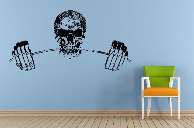 Skull Biting On Gym Weights Fitness Wall Or Car Vinyl Peal & Stick Removable Sticker Decal L1405 - image 1