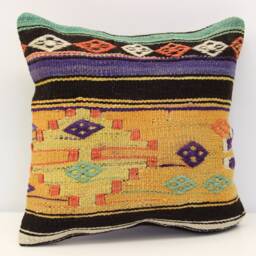 Vintage Kilim Pillow Cover, Boho Oriental Cushion - 16x16 Inch - thumbnail 2