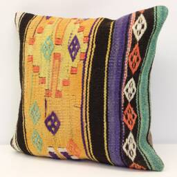 Vintage Kilim Pillow Cover, Boho Oriental Cushion - 16x16 Inch - thumbnail 3