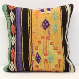 Vintage Kilim Pillow Cover, Boho Oriental Cushion - 16x16 Inch - thumbnail 1
