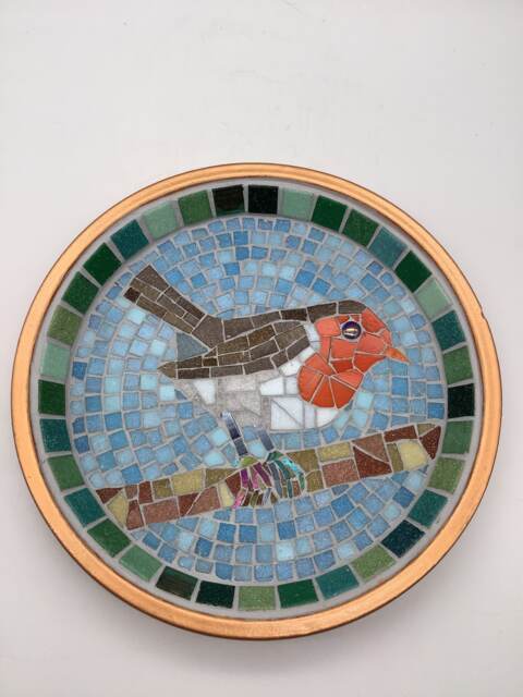 Golden Robin Mosaic Birdbath - Handcrafted Garden Water Dish For Birds - image 1
