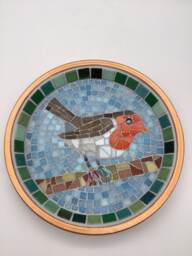Golden Robin Mosaic Birdbath - Handcrafted Garden Water Dish For Birds