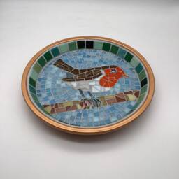 Golden Robin Mosaic Birdbath - Handcrafted Garden Water Dish For Birds - thumbnail 2