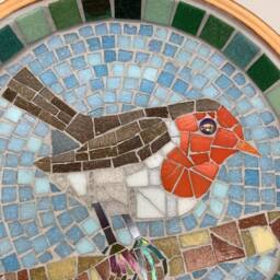 Golden Robin Mosaic Birdbath - Handcrafted Garden Water Dish For Birds - thumbnail 3