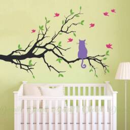 Cat On Branch With Birds - Nursery Wall Decor Kids Room Stickers Nature Decal Removable Animals Graphics A561