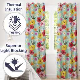 Tropical Hibiscus Bird Of Paradise Seamless Pattern Teal Background Readymade Eyelet Ring Top Thermal 100% Blackout Curtains - thumbnail 3