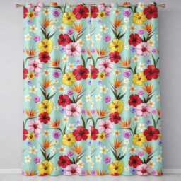 Tropical Hibiscus Bird Of Paradise Seamless Pattern Teal Background Readymade Eyelet Ring Top Thermal 100% Blackout Curtains - thumbnail 2
