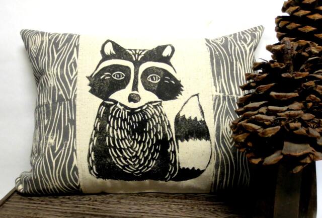 Raccoon Pillow Hand Carved Block Print, Woodland Nursery Decor - image 1