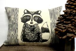 Raccoon Pillow Hand Carved Block Print, Woodland Nursery Decor