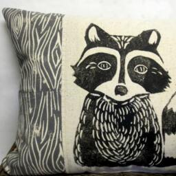 Raccoon Pillow Hand Carved Block Print, Woodland Nursery Decor - thumbnail 3