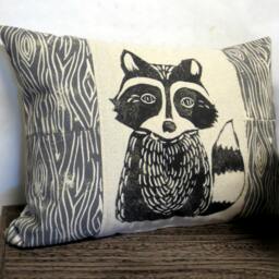 Raccoon Pillow Hand Carved Block Print, Woodland Nursery Decor - thumbnail 2