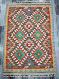 Kilim Rug Classic, Handmade Artisan Afghan Turkish Scandinavian Navajo Bohemian Wool Flatweave Multicolour 121x84 cm - thumbnail 1